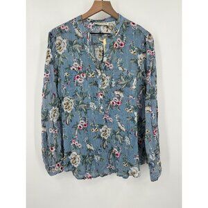 Cotton Daisy 1/4 Button Blouse Women 2X Blue Stripe Floral Pockets Roll Tab Slee
